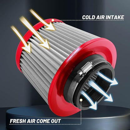 3" 76mm Universal High Flow Cold Air Intake Air Filter Upgraded Stainless Steel Cone Filter(Red)