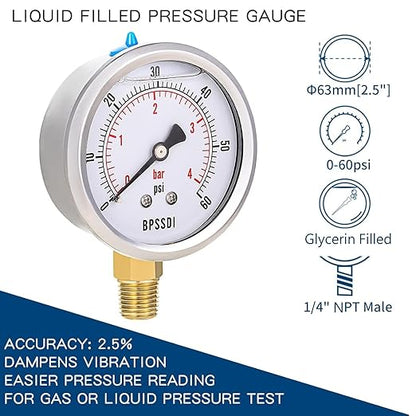 0-60 Psi Glycerin Liquid Filled Low Pressure Gauge, 2.5" Dial Size, 1/4" NPT Lower Mount, 304 Stainless Steel Case, for Water Oil Air Pressure Test, Refrigeration Systems(Such as Evaporators)