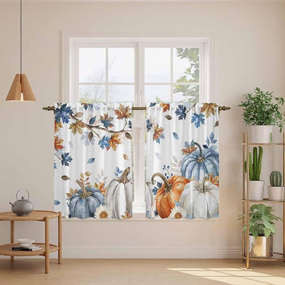 Navy Blue Pumpkin Fall Kitchen Curtains 45 Inch Long 2 Panel Set, Rod Pocket Window Treatment, Thanksgiving Maple Leaves Branches Light Filtering Panels Short Drapes for Bathroom Camper 42"W x 45"L