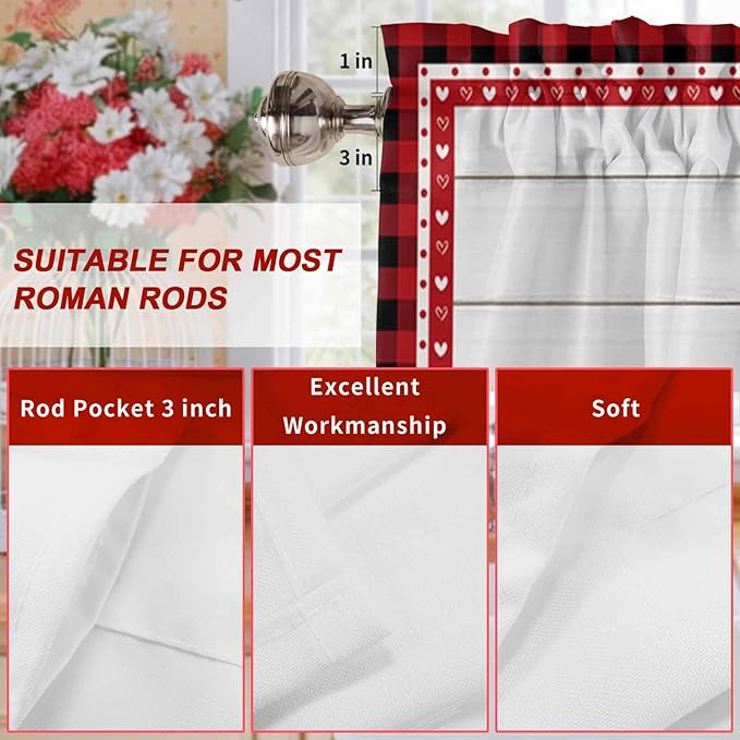 Valentine's Day Valance Curtains for Kitchen, Gnome Red Love Plaid Wood Grain Privacy Rod Pocket Valance Curtain, Light-Filtering Window Treatment for Bedroom Bathroom, 42"x18"