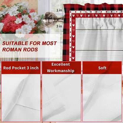Valentine's Day Valance Curtains for Kitchen, Gnome Red Love Plaid Wood Grain Privacy Rod Pocket Valance Curtain, Light-Filtering Window Treatment for Bedroom Bathroom, 42"x18"