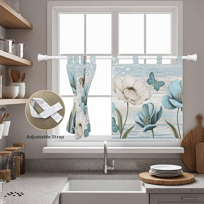 Spring Floral Kitchen Curtains 36 Inch Length, Small Window Curtains Tab Top, Vintage Tulips Flower Butterfly Retro Wood Blue Light Filtering Short Window Treatments Tier Drapes 27.5"x36" 2 Panel