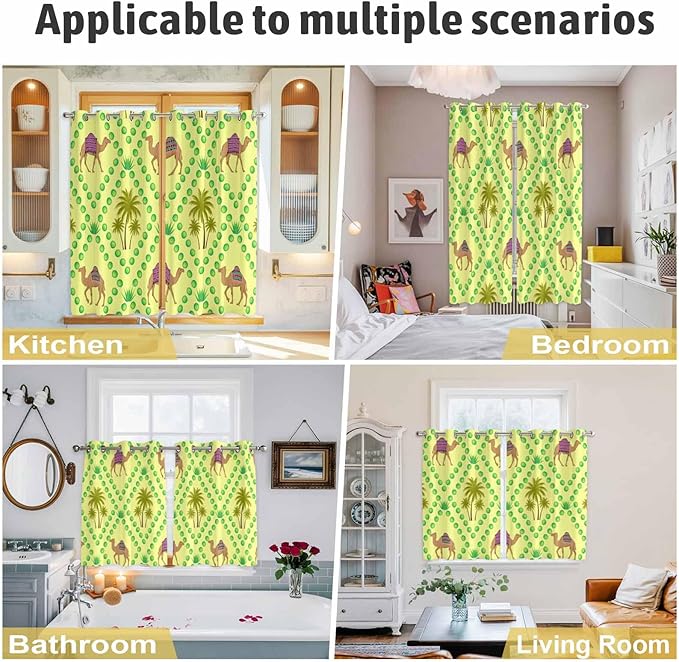 2 Panel Kitchen Cafe Curtains, Desert Sand Camels Sunlight Filtering Nature Air Through, Window Decor Tier Curtains for Living Room 104W x 84L inch Palm Trees Tropical Plants Polka Dot Yellow
