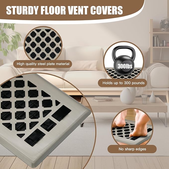 Floor Register AC Vents Brushed Nickel Color 4x10 Inch Air Vents Floor Vents Register Decorative Registers Grilles Air Vents for Floor Baseboard Register Vent