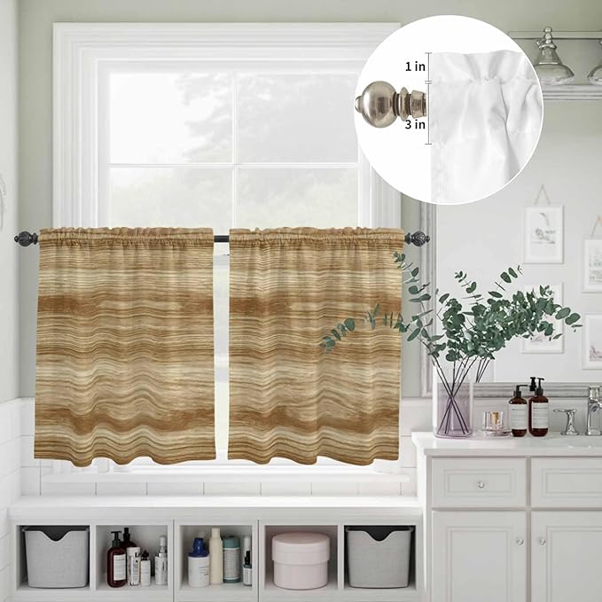 Kitchen Curtains Tiers and Valance Set of 3, Light Brown Wood Grain Light Filtering Window Curtain Set, Western Farmhouse Barn Door Rod Pocket Curtain Drapes for Cafe, Living Room, 36 Inches Tiers