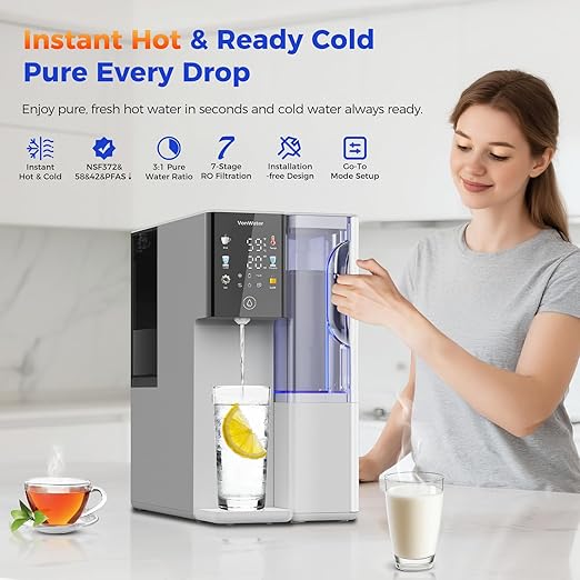C5 Countertop Reverse Osmosis Water Filter, Hot and Cold RO System-3s Instant Hot, 6 Temp Settings 7-Stage RO Filtration Dispenser, NSF/ANSI372/42/58, Portable Pitcher, 3:1 Pure to Drain