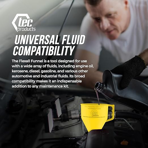 TEC Products FlexAll Long Flexible Funnels - Automotive Oil Funnel with Hose, Durable Nitrile Rubber for Oil Change, Transmission Funnel Fluid, Diesel, Fuel, Gas - Made in USA - Yellow (12 x 4 Inches)