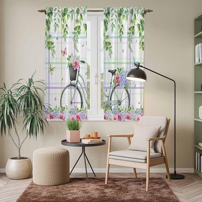 Spring Kitchen Curtains, Bicycles Botanical Leaves Rose Colorful Stripes Light Filtering Window Curtain Panels, 2Pcs Rod Pocket Window Treatments Set for Living Room Bathroom Bedroom 42x63 Inches