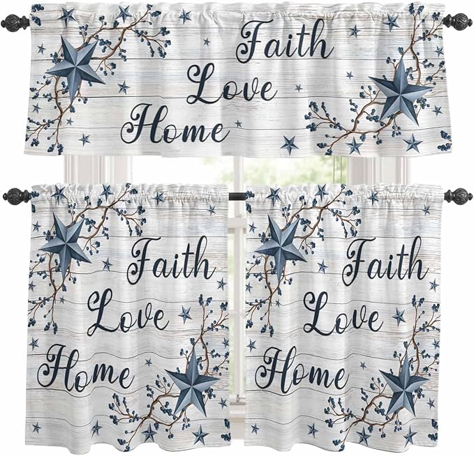 Farmhouse Kitchen Curtains Set 3 Piece for Windows,Rod Pocket Valance and Tier Set 36 Inch Length,Blue Country Texas Star Vintage Berries Wooden Light Filtering Cafe Curtains for Living Room