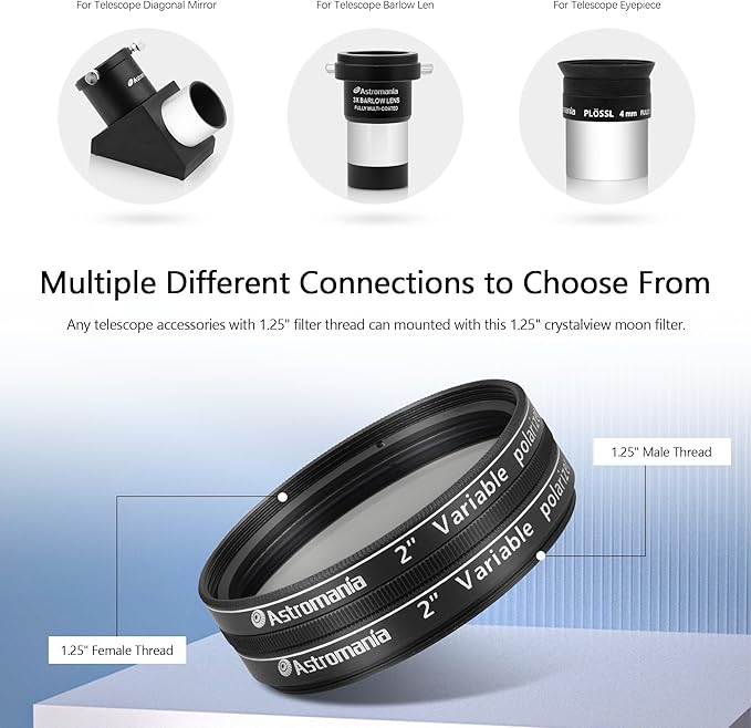 Astromania Telescope Filter, 2 Inch Variable Grey Polarizing Filter, Variable Polarizing Moon Filter for Astronomical Telescope & Eyepiece, Telescope Accessory with Adjustable 1-40% Light Transmission