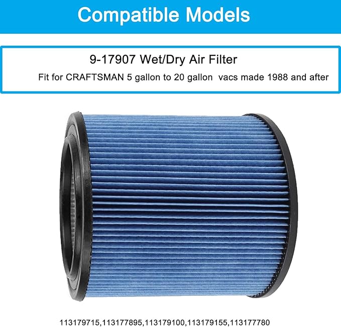 MZY LLC 2 Pack 17907 Cartridge Filter for Craftsman Shop Vacs 5 to 20 Gallon, 3-Layer Pleated 9-17907 Wet/Dry Fine Dust Filter