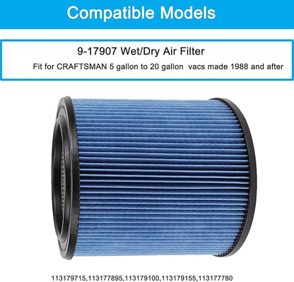 MZY LLC 2 Pack 17907 Cartridge Filter for Craftsman Shop Vacs 5 to 20 Gallon, 3-Layer Pleated 9-17907 Wet/Dry Fine Dust Filter