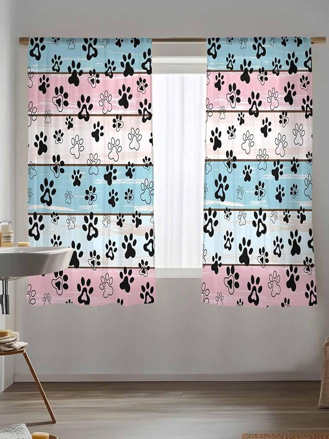 Sheer Curtains 63 Inch Length, Blue Pink Dog Paws Prints Semi Sheer Curtains Light Filtering Window Treatment, Farmhouse Beige Wood Privacy Voile Drapes for Living Room Bedroom 52x63 Inch