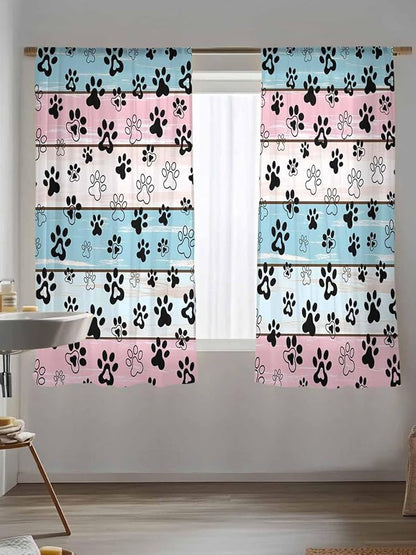 Sheer Curtains 72 Inches Long, Blue Pink Dog Paws Prints Semi Sheer Curtains Light Filtering Window Treatment, Farmhouse Beige Wood Privacy Voile Drapes for Living Room Bedroom 52x72 Inch