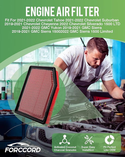 Cabin+Engine Air Filter Fit for Silverado 1500 (2019-2026); Sierra 1500(2020-26); Suburban (2021-26); Tahoe (2021-26) Carbon Cabin Filter Replacement Car Accessories CF11966 84121217