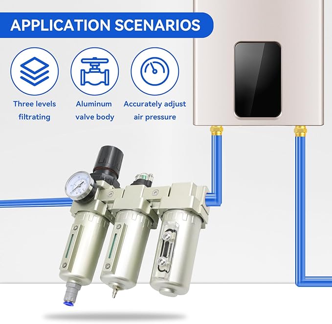 3/4" NPT Industrial Grade 3 Stage Air Drying System, Air Compressor Water Separator System Filter Oil Water Separator Dryer for Plasma Cutter and Paint Spray,Auto Drain