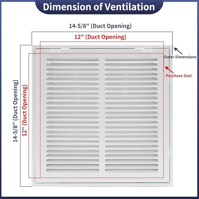 12"W x 12"H [Duct Opening Size] Steel Return Air Filter Grille - Removable Face/Door for 1 inch Filters -HVAC Vent Cover Grill - White [Outer Dimensions: 14 5/8"W X 14 5/8"H]
