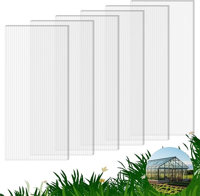 6 Pack Polycarbonate Greenhouse Panels, 4' x 2' x 0.16" Twin-Wall Polycarbonate Sheets for All Weather Greenhouse Covering, Excellent Light Transmission & Weather Resistance for Optimal Plant Growth