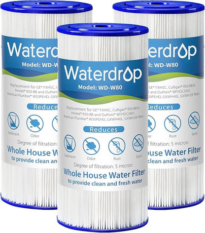 Waterdrop W50PEHD Whole House Water Filter, Replacement for American Plumber, W10-PR, Culligan® R50-BBSA, GE ®FXHSC, GXWH40L, GXWH35F, 5 Micron, 10" x 4.5", High Flow Sediment Filters, Pack of 3