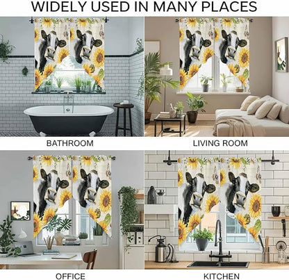 Yellow Sunflowers Swag Valances for Windows, Country Cow Flower Butterfly Farmhouse Cream Rod Pocket Kitchen Curtains Valance, Kitchen Window Curtains Swag for Cafe Living Room, 2 Panels, 36x45 inch