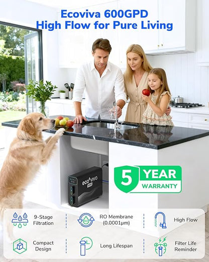 Ecoviva E6 Compact-Thin 5" Width Reverse Osmosis Water Filter Under-Sink 600GPD Water Filtration with Faucet, 9-Stage Tankless RO System, Reduces TDS, Compact Design for Any Space for Kitchen