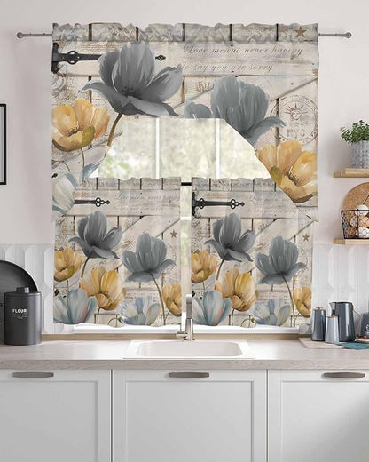 Vintage Tulip Swag Kitchen Curtains Valance and Tier Set, Farmhouse Retro Blue Yellow Grey Flower Barn Door Light-Filtering Swag Valance 24 Inch Length, Rod Pocket Short Curtain for Bedroom Cafe