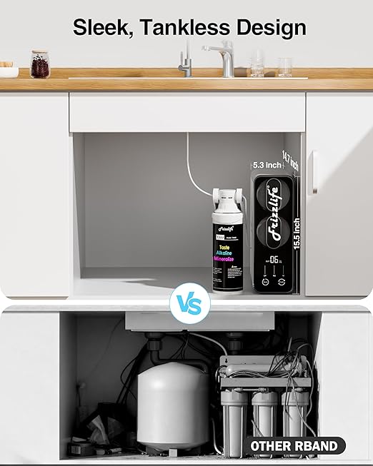 Frizzlife Reverse Osmosis Water Filter - Alkaline Mineral pH+, NSF/ASNI 58&53&42&372 Standard, 600GPD Tankless RO Reverse Osmosis System, Under Sink, 2:1 Pure to Drain, Reduce FPAS/PFOA, PD600-TAM3