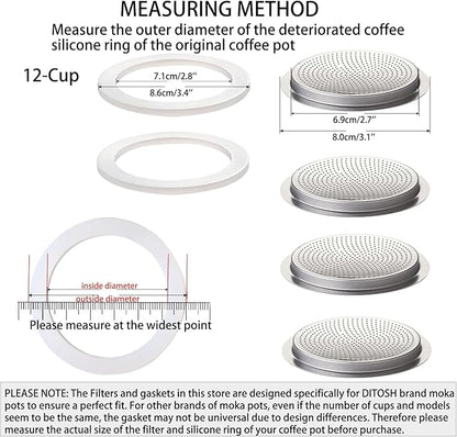 2 Pcs Filter with 3 Pcs Silicone Gasket Seals for 12 Cup Stovetop Espresso Coffee Maker Replacement Parts for Big Tummy and Straight Stainless Steel Moka Pot