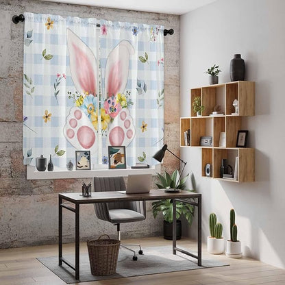 Easter Window Curtains 63 Inch Long 2 Panel Set, Rod Pocket Bedroom Curtains & Drapes, Spring Rabbits Ears Feet Floral Blue Lattice Light Filtering Window Treatment for Living Room 42"W x 63"L