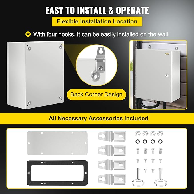 VEVOR NEMA Steel Enclosure, 20 x 16 x 10'' NEMA 4X Steel Electrical Box, IP66 Waterproof & Dustproof, Outdoor/Indoor Electrical Junction Box, with Mounting Plate