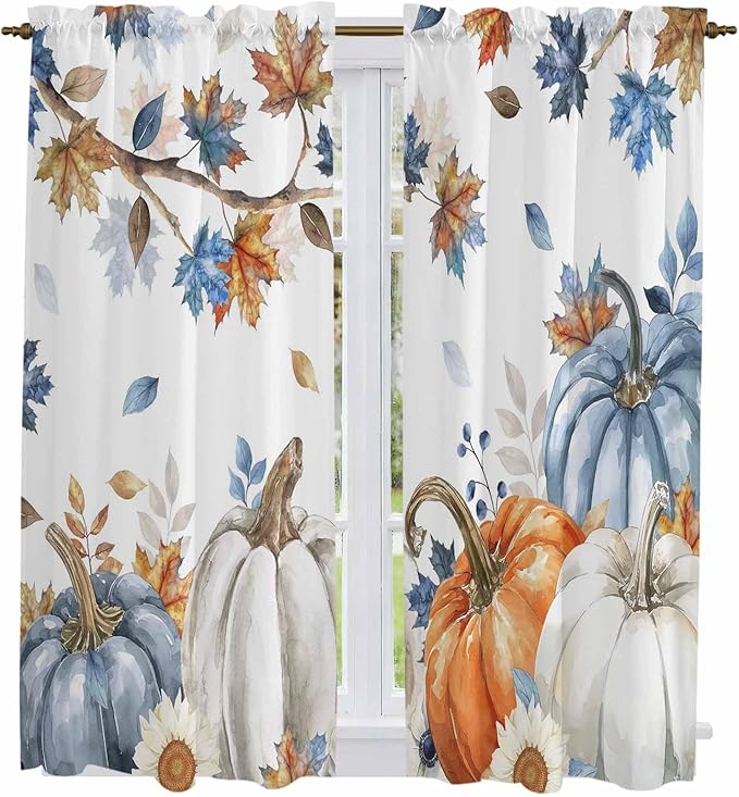 Navy Blue Pumpkin Fall Window Curtains 63 Inch Long 2 Panel Set, Rod Pocket Bedroom Curtains & Drapes, Thanksgiving Maple Leaves Branches Light Filtering Window Treatment for Living Room 42"W x 63"L