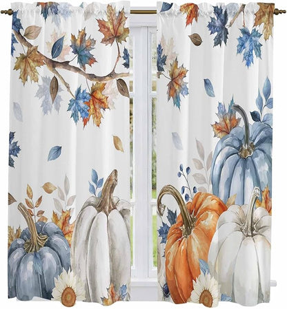 Navy Blue Pumpkin Fall Window Curtains 63 Inch Long 2 Panel Set, Rod Pocket Bedroom Curtains & Drapes, Thanksgiving Maple Leaves Branches Light Filtering Window Treatment for Living Room 42"W x 63"L