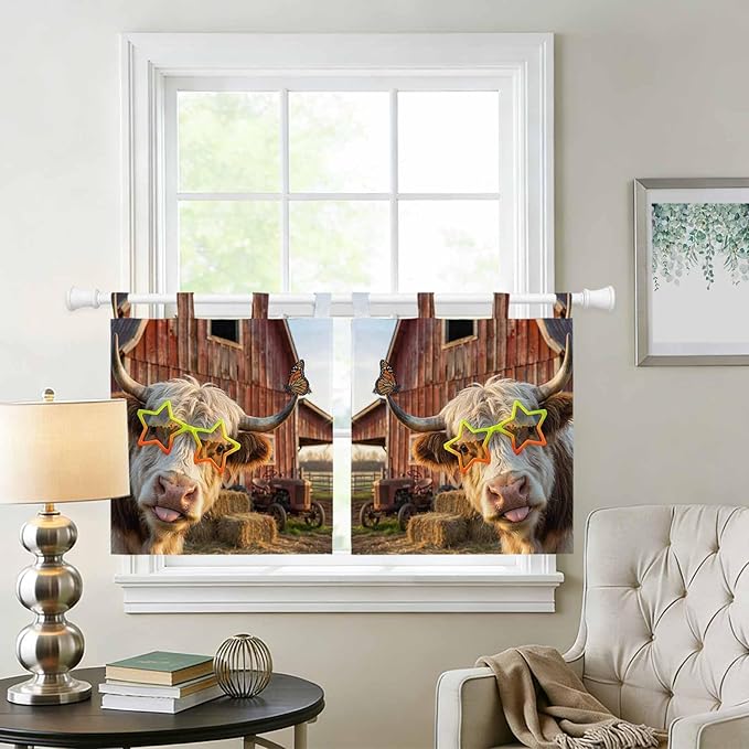 Farm Yaks Kitchen Curtains 24 Inch Length, Small Window Curtains Tab Top, Farmhouse Barn Funny Animals Butterfly Light Filtering Short Window Treatments Tier Drapes 27.5"x24" 2 Panel