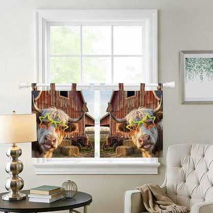 Farm Yaks Kitchen Curtains 36 Inch Length, Small Window Curtains Tab Top, Farmhouse Barn Funny Animals Butterfly Light Filtering Short Window Treatments Tier Drapes 27.5"x36" 2 Panel
