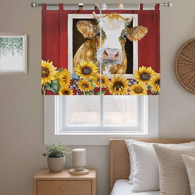 Cows Sunflowers Bedroom Curtains 63 Inch Length, Window Curtains Tab Top, Spring Floral Bees Farmhouse Barn Light Filtering Window Treatments Drapes 42"x63" 2 Panel