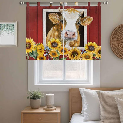 Cows Sunflowers Kitchen Curtains 45 Inch Length, Short Cafe Window Curtains Tab Top, Spring Floral Bees Farmhouse Barn Light Filtering Window Treatments Tier Drapes 27.5"x45" 2 Panel