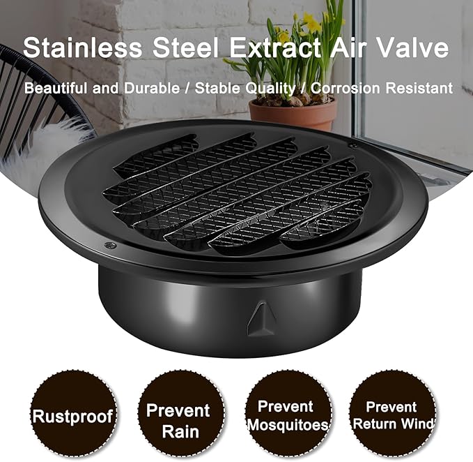 Zonon 8 Pcs Stainless Steel Soffit Vents 6 Inch Round Dryer Vent Cover with Mesh Screen for Home Outdoor Bathroom Wall Ceiling Outside Exterior Exhaust Black