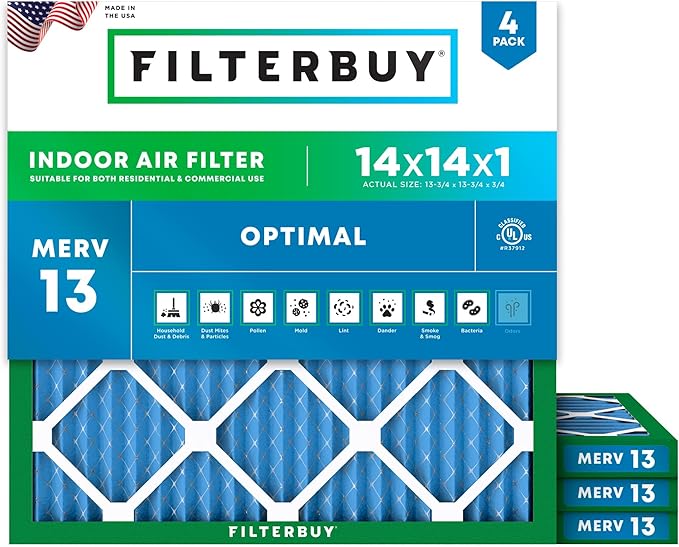 Filterbuy 14x14x1 Air Filter MERV 13 Optimal Smoke & Allergy Defense (4-Pack), Electrostatic Pleated HVAC AC Furnace Filters Replacement, Made in USA (Actual Size: 13.75 x 13.75 x 0.75)