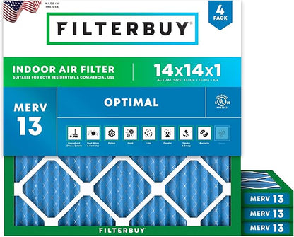 Filterbuy 14x14x1 Air Filter MERV 13 Optimal Smoke & Allergy Defense (4-Pack), Electrostatic Pleated HVAC AC Furnace Filters Replacement, Made in USA (Actual Size: 13.75 x 13.75 x 0.75)