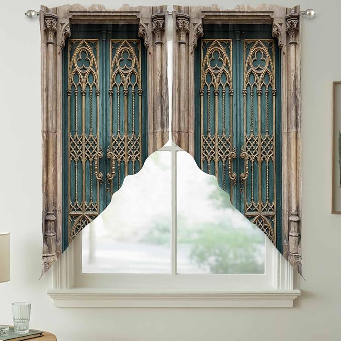 Turquoise Vintage Door Swag Valances for Windows, Countryside Barn Abstract Art Rod Pocket Kitchen Curtains Valance, Kitchen Window Curtains Swag for Cafe Bathroom Living Room, 2 Panels, 36x45 inch