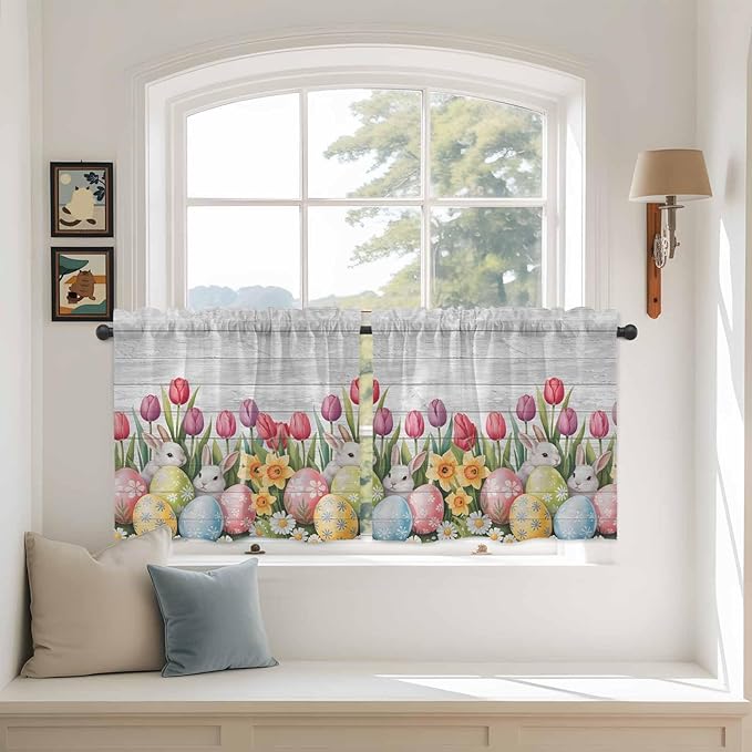 Easter Kitchen Tier Curtains 24 Inch Long 2 Panel Set,Rod Pocket Cafe Small Window Curtains Over Sink,Retro Spring Bunny Eggs Tulip Farm Wooden Grain Light Filtering Short Drapes 27.5"W x 24"L