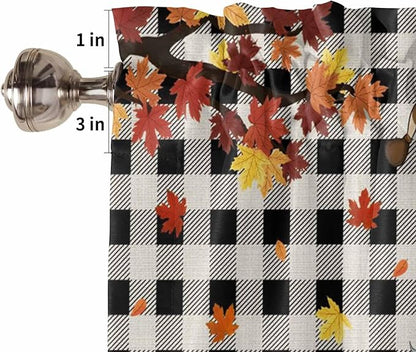 Thanksgiving Gnomes Kitchen Curtain Set, Fallen Maple Leaf Pumpkin Black Plaid Window Valance and Tiers 24" Length, Light Filtering Short Curtains Valance for Cafe Bathroom Bedroom 54"x18"