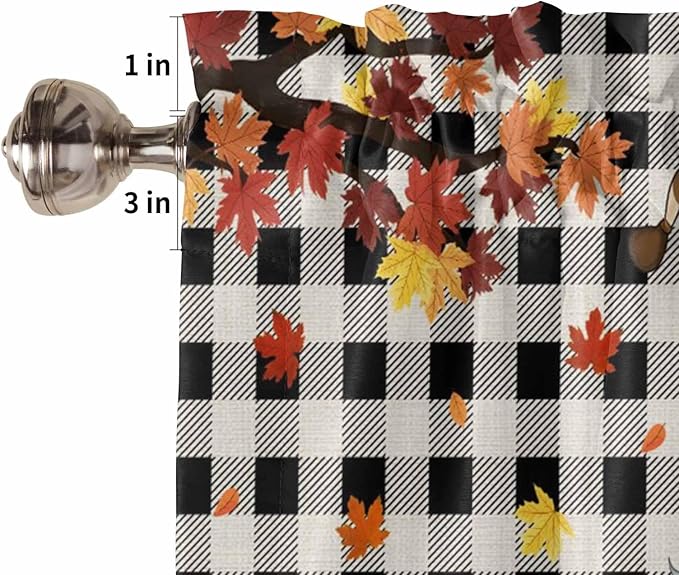 Thanksgiving Gnomes Kitchen Curtain Set, Fallen Maple Leaf Pumpkin Black Plaid Window Valance and Tiers 36" Length, Light Filtering Short Curtains Valance for Cafe Bathroom Bedroom 54"x18"