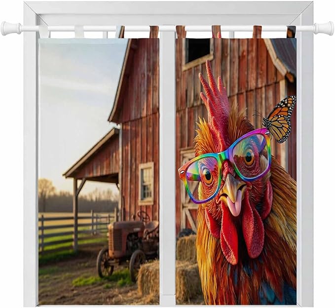 Farm Rooster Living Room Curtains 84 Inch Length, Window Curtains Tab Top, Farmhouse Barn Funny Animals Butterfly Light Filtering Window Treatments Drapes 42"x84" 2 Panel