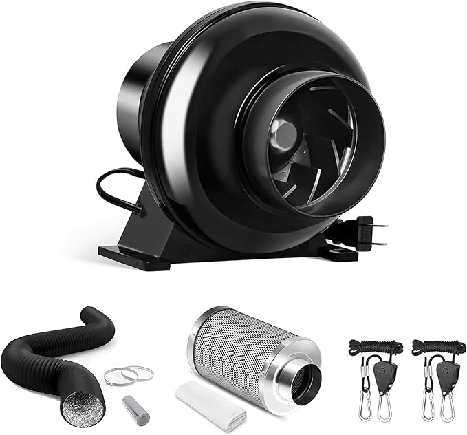 iPower 4 Inch 195 CFM Inline Fan, Air Carbon Filter, 8 Feet Aluminum 4 Layer Protection Ducting and Rope Hanger, Combo for Grow Tent, Greenhouse, Kitchen, Basement