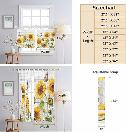 Yellow Sunflowers Living Room Curtains 84 Inch Length, Window Curtains Tab Top, Vintage Country Flowers Butterfly Wood Board Light Filtering Window Treatments Drapes 42"x84" 2 Panel