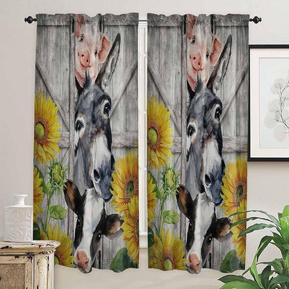 Farmhouse Living Room Curtains 72 Inches length, Vintage Sunflowers Animals Printed Wood Grain Window Treatment Curtain Drapes, Light Filtering Drapes for Bedroom Laundry Room, 52"x72", 2 Panels