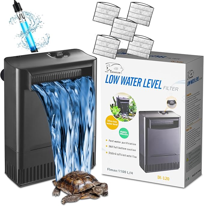 Turtle Tank Filter Aquarium Filter w/ Detachable U-V Light for 30-75Gal, Waterfall Flow Adjustable Low Water Level Internal Green Clean Machine Killing Deodorization Saltwater Freshwater Crystal Clear
