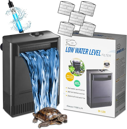 Turtle Tank Filter Aquarium Filter w/ Detachable U-V Light for 30-75Gal, Waterfall Flow Adjustable Low Water Level Internal Green Clean Machine Killing Deodorization Saltwater Freshwater Crystal Clear