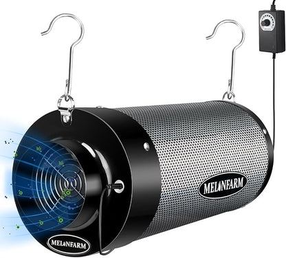MELONFARM 6 inch Air Carbon Filter Smelliness Control with Australia Virgin Charcoal, Built-in 14cm Fan Low Nois and Speed Controller, Smelliness Scrubber for Inline Duct Fan, Grow Tent 6" x 13.4"